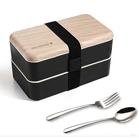 Accessoire de rangement pour cuisine bento Repas Boîte à Lunch Boîte à Déjeuner gouter Bundle Divider Style Japonais Lunch Box avec Une cuillère et Une Fourchette en Acier Inoxydable (noir)