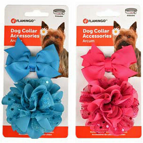 Accessoire pour collier 1 noeud et 1 fleur bleu ou rose pour chien - Flamingo