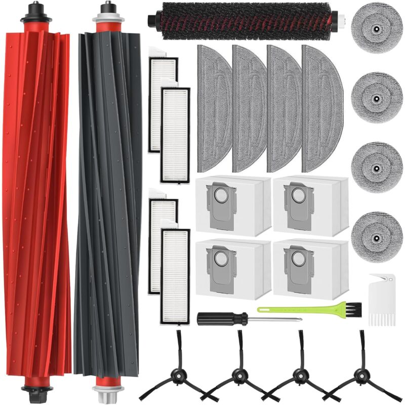 Accessoire pour Roborock S8 MaxV Ultra Pièces de Rechange Kit, 2 Brosse Principale 4 Sacs à Poussière 4 Chiffons de Nettoyage 4 Filtres 4 Serpillères