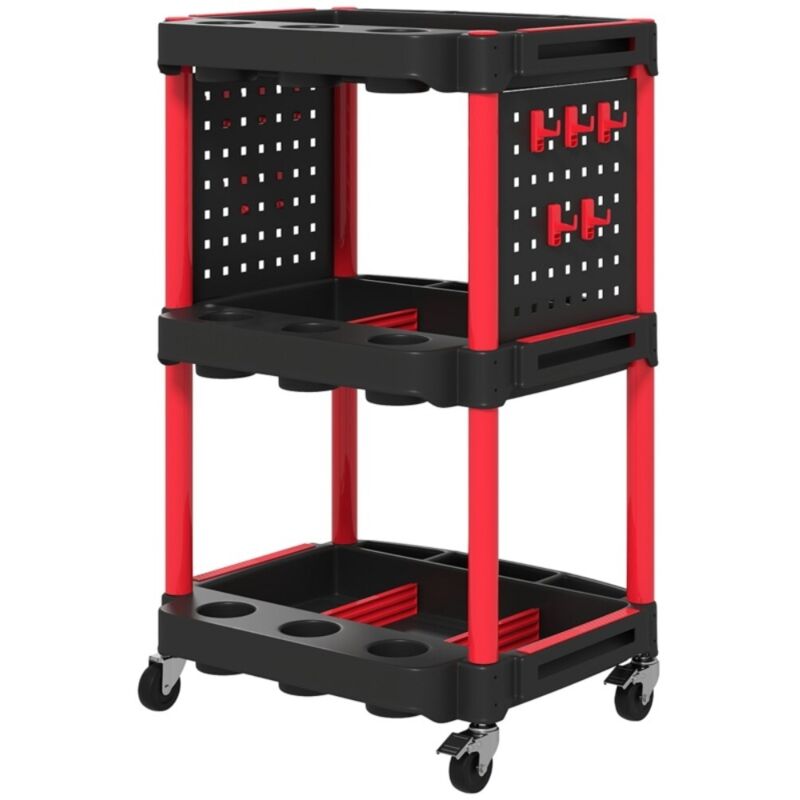 Accessoire pour servante d'atelier - Chariot 3 niveaux avec étagères perforées - 10 crochets outils - Capacité 91 kg - Garage