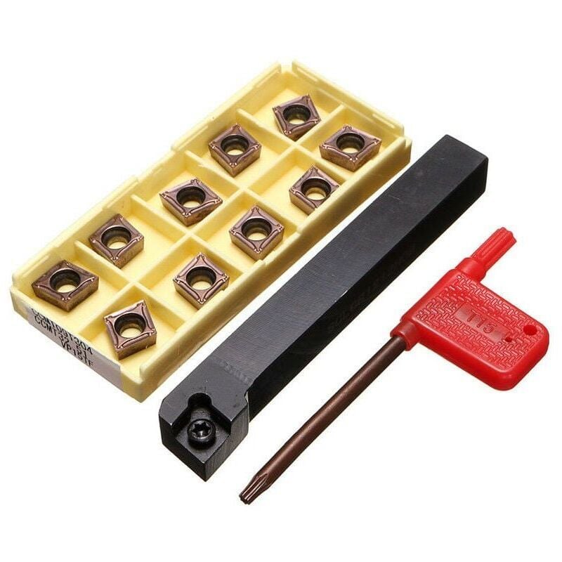 SNQ - Accessoire pour tour à métaux,Porte-outil de tournage 12x100mm avec 10 plaquettes carbure CCMT09T304-PM et une barre