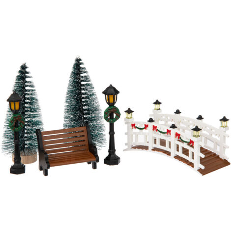 Accessoire pour Village de Noël Set 6 Pièces , Lampadaires, Sapins, Banc et Pont - Feeric Christmas