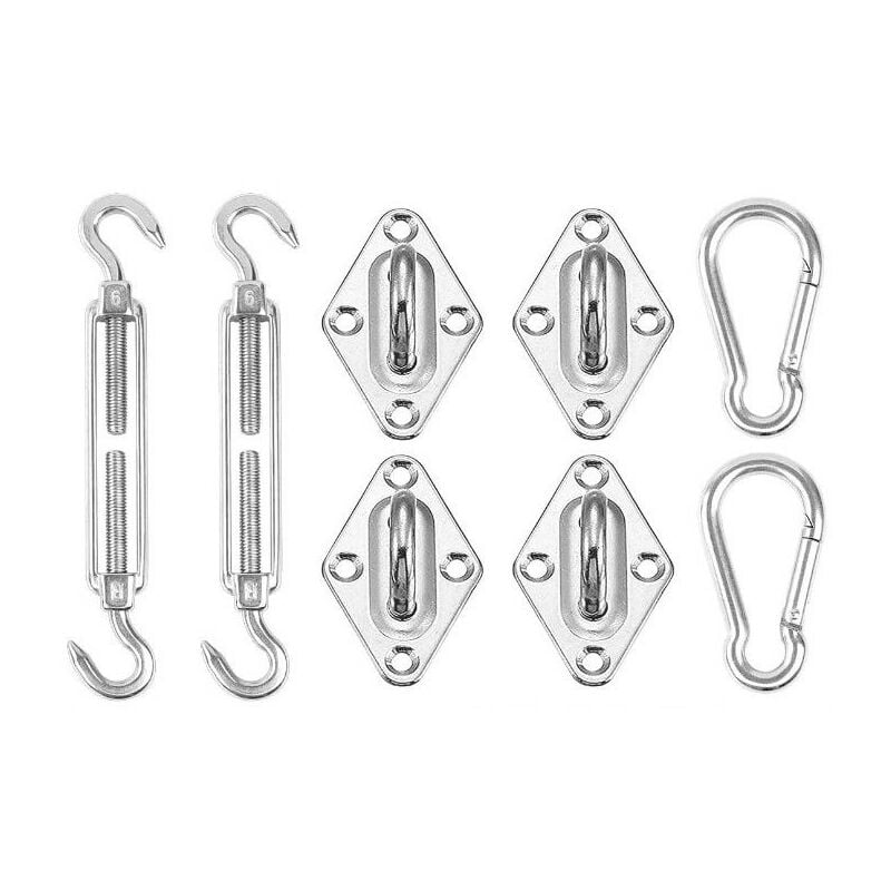 Kit de fixation pour Voile d'Ombrage Rectangulaire en acier inox: 4 fixations murales, 2 mousquetons et 2 tendeurs