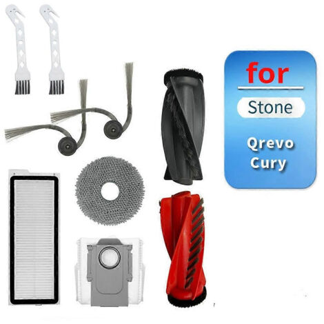 Accessoires compatibles avec l'aspirateur robot Roborock QrevoCury : brosse principale, brosses latérales, sac à poussière et kit de rechange pour brosses.