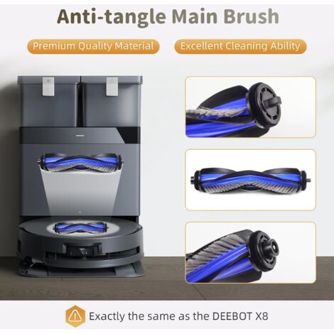 Accessoires compatibles avec les aspirateurs robots ECOVACS DEEBOT X8 PRO Omni / X8 Omni : 1 brosse principale, 2 têtes de balai, 4 brosses latérales, 4 filtres HEPA, 6 sacs à poussière.