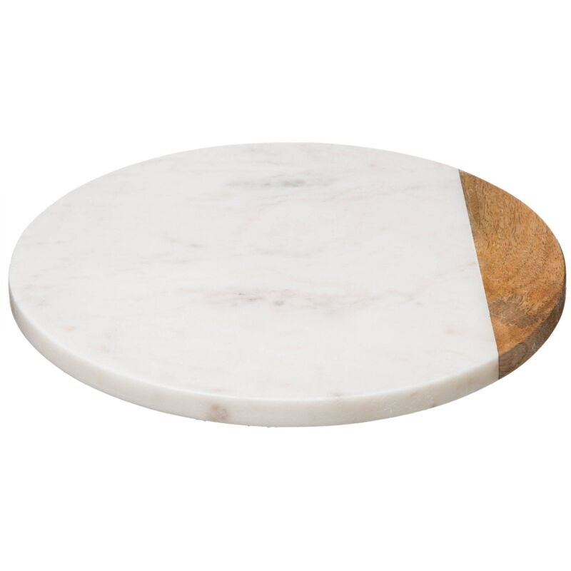 Plat tournant en marbre et bois de manguier - d. 30 x h. 3,8 cm - Blanc - Livraison gratuite