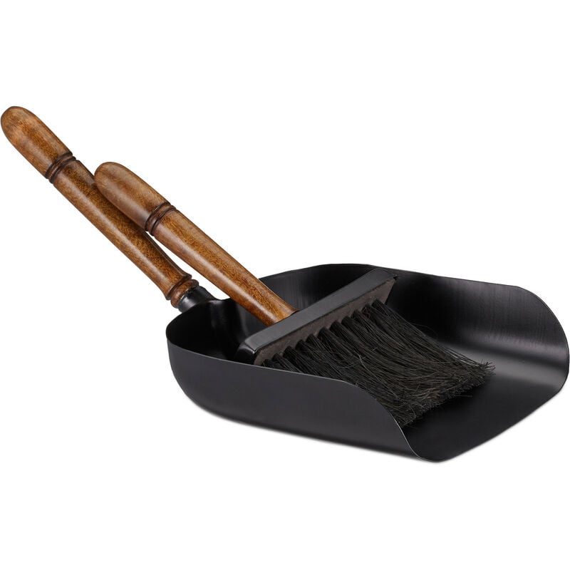 Relaxdays - Accessoires de nettoyage pour cheminée, pelle & balayette, fer & poignée en bois, poils de jute, noir - marron