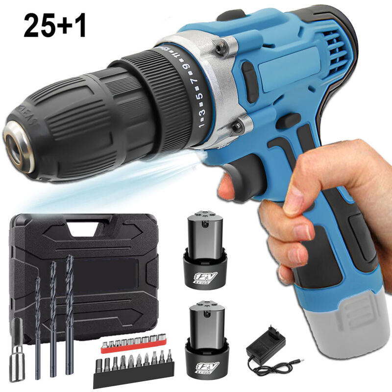 Accessoires de perceuse 23 pièces, 12 v sans fil combiné Perceuse Visseuse, 25+1, Couple de 35 N.m, 2 vitesses, led intégrée, 2 batteries 3,0 Ah +