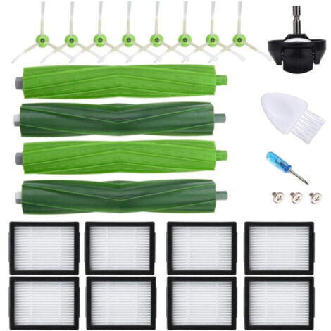 Accessoires de pièces compatibles avec iRobot Roomba Evo i3 i4 i6 i7 i8 i8 +/Plus E5 E6 E7 I E & J Series aspirateurs 2 lots de brosses à rouleaux, 8 filtres HEPA, 8 brosses latérales, 1 roulette