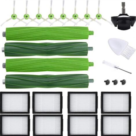 Accessoires de pièces compatibles avec iRobot Roomba Evo i3 i4 i6 i7 i8 i8 +/Plus E5 E6 E7 I E & J Series aspirateurs 2 lots de brosses à rouleaux, 8 filtres HEPA, 8 brosses latérales, 1 roulette