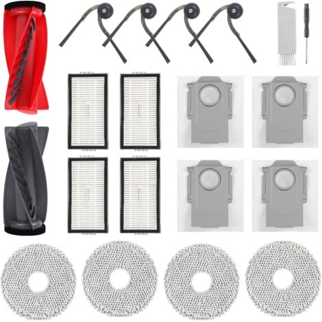 Accessoires de rechange pour aspirateurs robots Roborock Saros 10R et Qrevo CurvX : 1 brosse principale, 4 brosses latérales, 4 filtres HEPA, 4 lingettes de nettoyage, 4 sacs à poussière, 1 brosse de 
