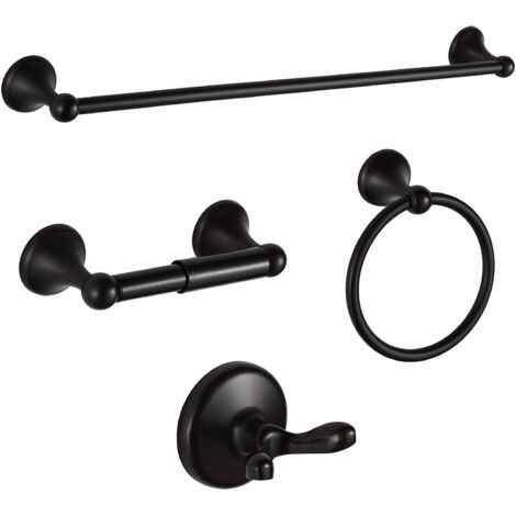Accessoires de salle de bain 4 pièces (barre porte-serviettes, anneau, crochet, porte-papier toilette), noir 40 cm