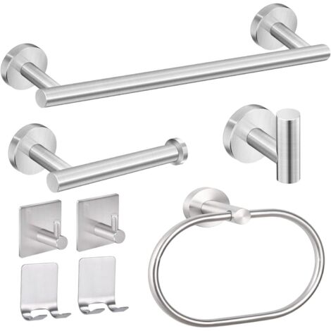 Accessoires de salle de bain : porte-serviettes en acier inoxydable, porte-papier toilette, crochets adhésifs et supports adhésifs pour rasoirs.
