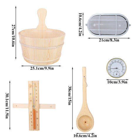 Accessoires de Sauna en Bois Seau Cuillère Lampe Anti-Explosion Sablier Thermomètre Hygromètre Ensemble d'Huiles Essentielles