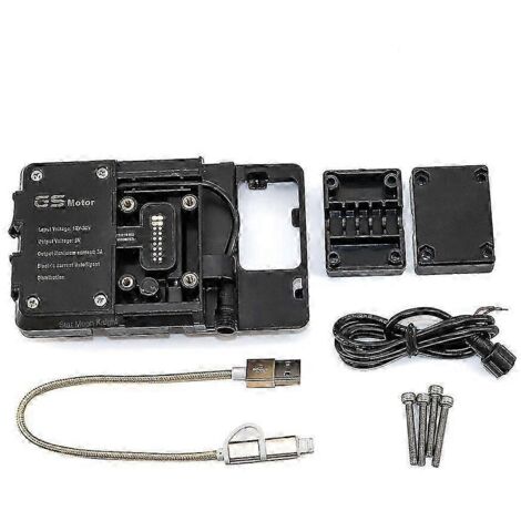 Accessoires moto pour BMW F850GS Adventure : support de pare-brise avec système de navigation GPS, support de plaque d'immatriculation, adaptateur et support pour téléphone USB.