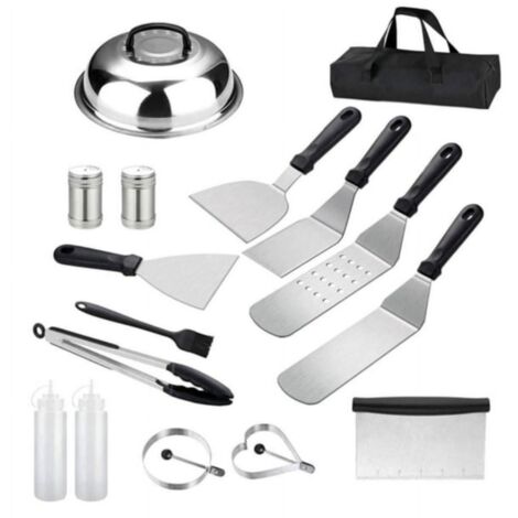 Accessoires pour barbecue, kit d'accessoires pour plaque de cuisson, ensemble de 16 ustensiles plats en acier inoxydable, spatule et ustensiles de cuisine avec sac de transport pour barbecue en extéri