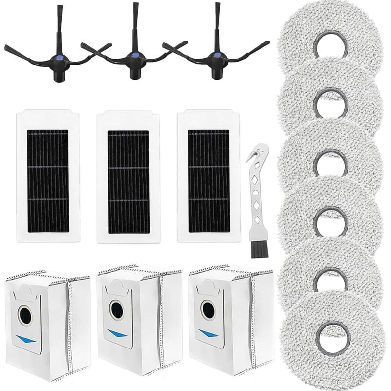 Applicable accessoires pour ECOVACS DEEBOT X5 Omni / X5 Pro robot aspirateur pièce de rechange, 6 Chiffon + 3 sac à poussière + 3 brosses latérales +