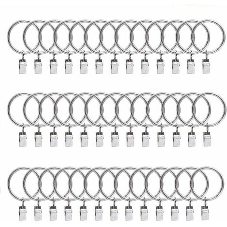 Accessoires rideau 40 pièces anneaux de rideau anneaux de rideau, tringle à rideau tringle à rideau de 38 mm avec pinces à rideau de douche clips métalliques pour rideaux et tringles à rideaux, argent