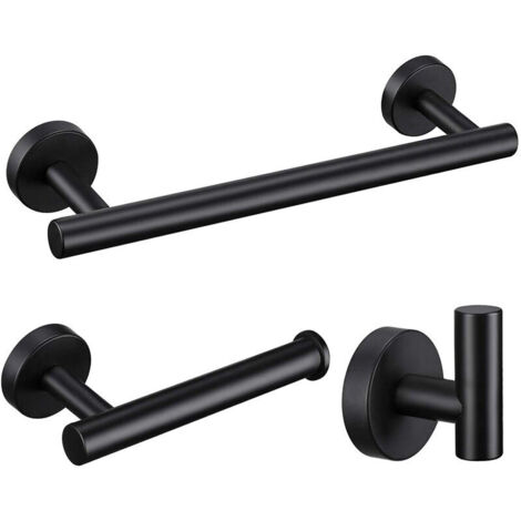 Accessori per il bagno, set di accessori da bagno neri, set da 3 pezzi, include portasciugamani, portarotolo, appendiabiti e staffa a muro in acciaio.