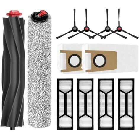 Accessori per l'aspirapolvere robot Eufy S1 Pro: spazzola principale, rullo in tessuto, spazzole laterali, filtro e sacchetto raccoglipolvere.