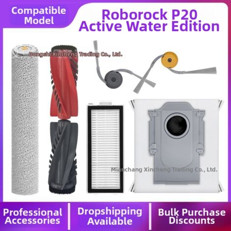 Accessori per l'aspirapolvere robot Roborock Stone P20 Aqua Edition: spazzola rotante, panno per la pulizia, spazzola laterale, filtro, sacchetto raccoglipolvere.