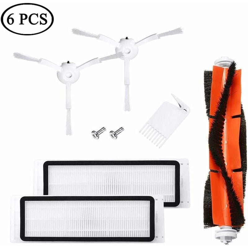 Accessories for Xiaomi Roborock robot vacuum, 6 spare parts for xiaomi Roborock, 1 central brush + 2 side brushes + 1 cleaning aid + 2 hepa filters