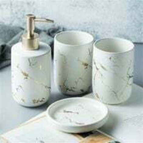 Accessorio creativo per il bagno, portaspazzolino perfetto, set da quattro pezzi con due bicchieri per il risciacquo, dispenser per sapone e lozione, effetto marmo (ceramica), bianco