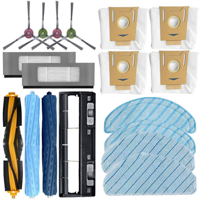 Accessory kit for Ecovacs T8/T9 AIVI robot vacuum cleaner, including a main brush, a side brush, a mop and a filter.