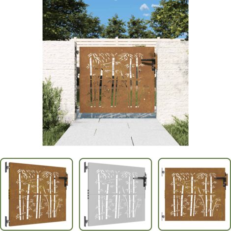 Acciaio corten -  Cancello da giardino 85x75 cm in acciaio Corten e design in bambù