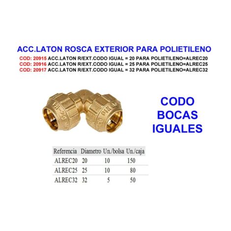 ACC.LAITON R/EXT.COUDE ÉGAL 25 POUR POLYÉTHYLÈNE AL REC 25