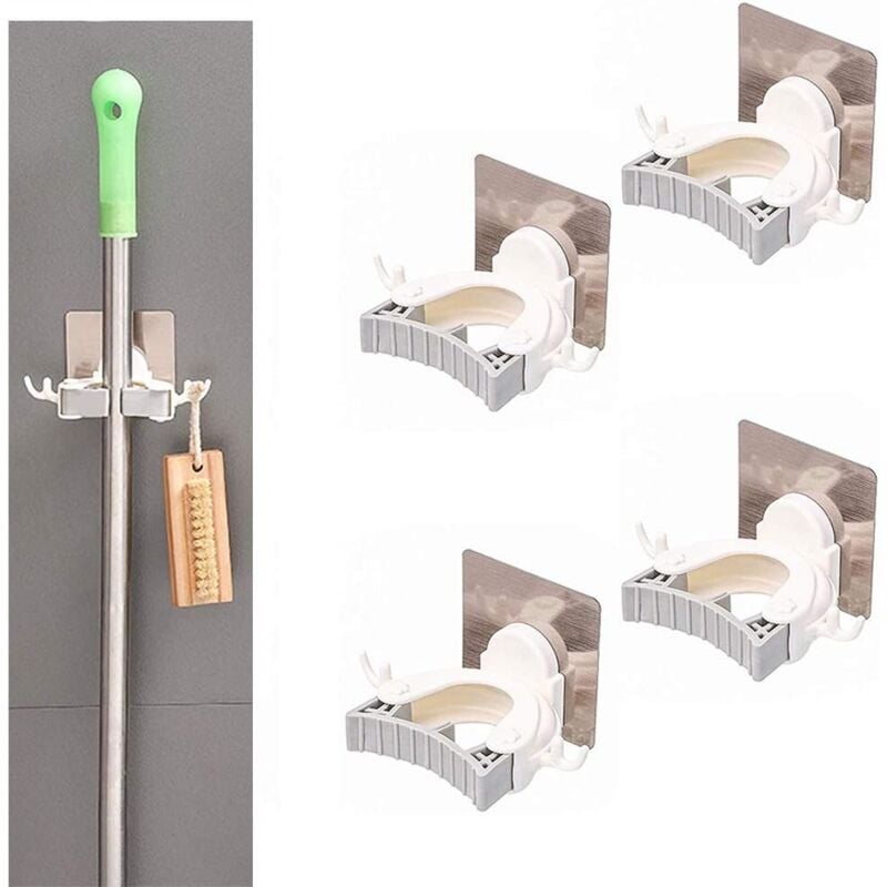 Fei Yu - Accroche Balai 4 Pièces, Adhésif Mop Support avec Crochets, Support de Rangement Mural Auto-Adhésif Outils Pince à Ressort Organisateur De