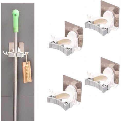 Accroche Balai 4 Pièces, Adhésif Mop Support avec Crochets, Support de Rangement Mural Auto-Adhésif Outils Pince à Ressort Organisateur De Stockage pour Cuisine Jardin Balcon Garage Gris-Ensoleillé