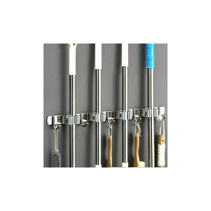 Accroche Balai En Acier Inoxydable Garage Porte Balai Mural Support Cintre de Rangement pour Cuisine Buanderie (4 Emplacements et 5 Crochets)