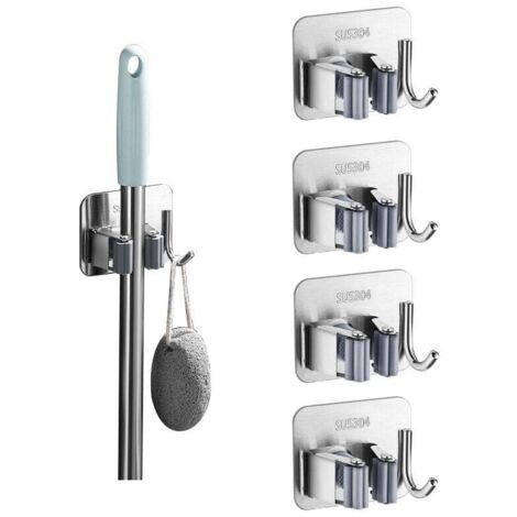 Accroche Balai Mural 5 Pièces, Porte Balais Mural sans Percage, Support Balais Mural Adhesif avec Crochet, Range Balai Acier Inoxydable, Porte Outils Mural pour Cuisine, Garage, Jardin, Salle de Bain