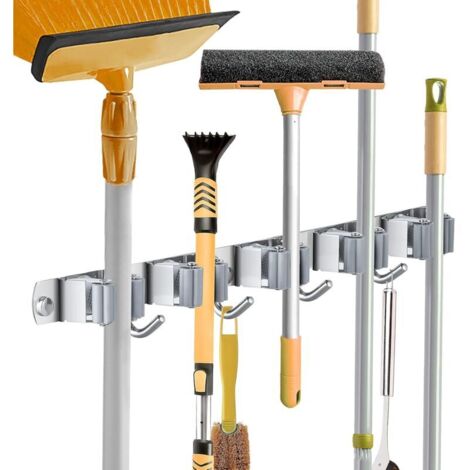 Accroche Balai Mural, Porte Balais en Acier inoxydable, Support Cintre de Rangement pour Cuisine, Buanderie, Organisation du Garage (5 Emplacements et 4 Crochets)