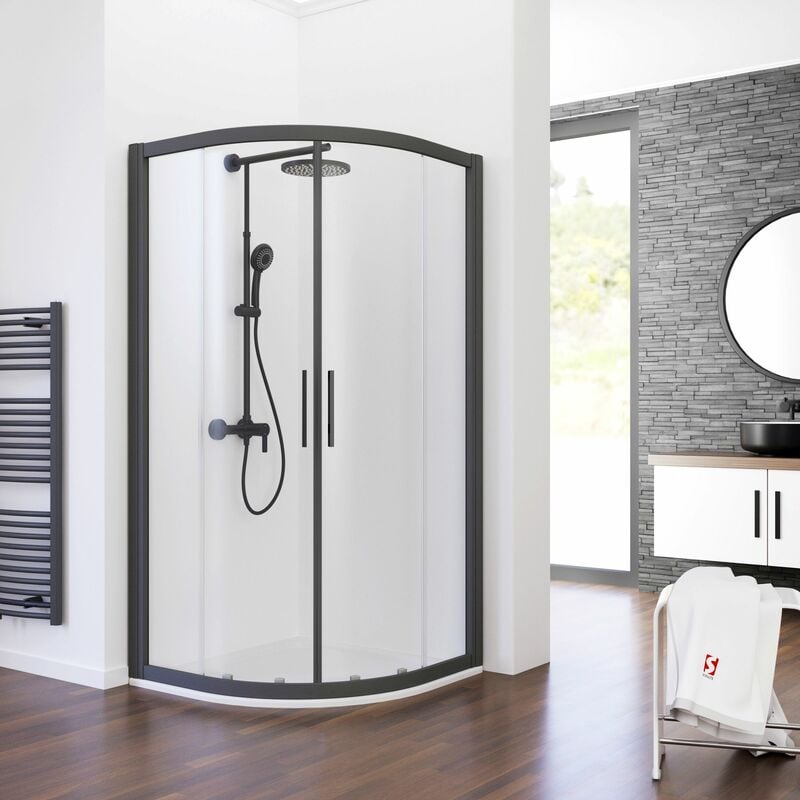 Accès d'angle arrondi avec portes de douche coulissantes, verre 6 mm transparent, profilé noir, Sunny Schulte anticalcaire 90 x 90 x 185 cm