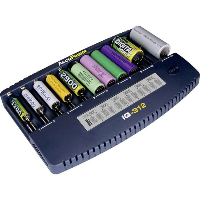 Accupower - IQ312 Chargeur de piles rondes NiCd, NiMH, Li-ion 10340, 10350, 10440, 10500, 12500, 12650, 13500, 13650, 14500, 14650, 16340, 16650,