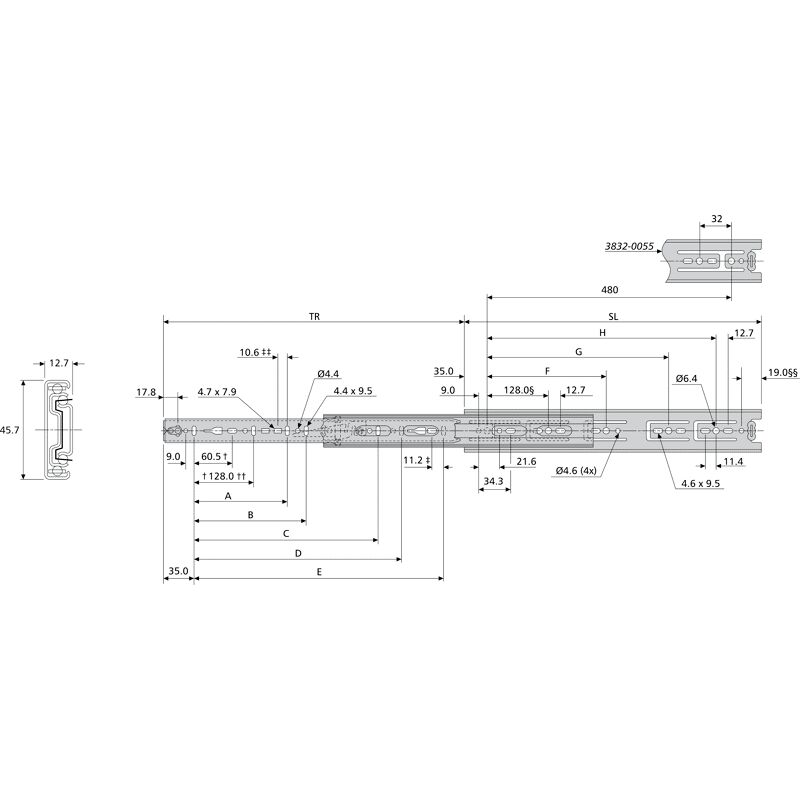 Accuride - 3832 Kugelkäfigführung-Vollauszug, Länge 148 mm, Stahl verzinkt