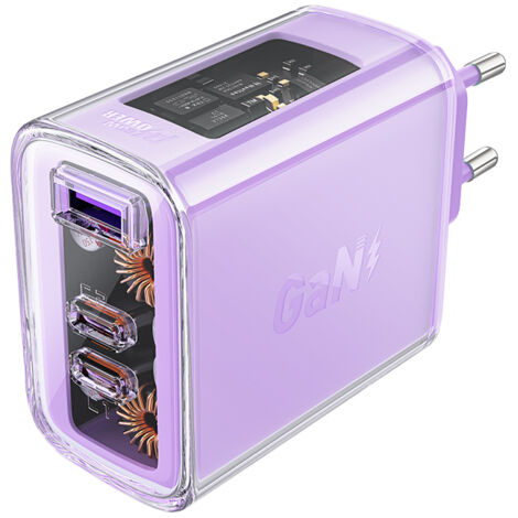 Acefast GaN-Ladegerät 65W 3 Anschlüsse (1xUSB, 2xUSB C) lila (A45)