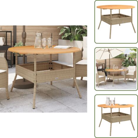 Acero con recubrimiento en polvo - vidaXL Mesa de jardín superficie de madera ratán PE beige Ø110x71 cm - Mesa de jardín beige
