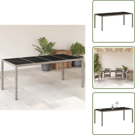 Acero con recubrimiento en polvo - vidaXL Mesa de jardín superficie de vidrio ratán PE gris 190x90x75 cm - Muebles de exterior