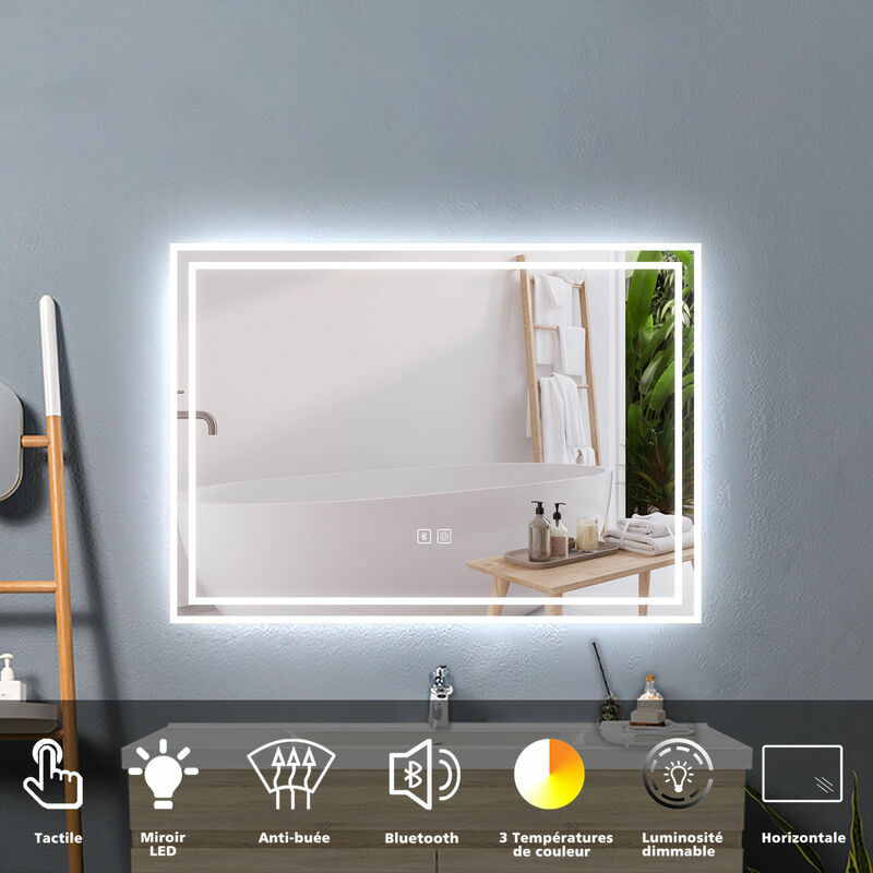 70x50cm miroir lumineux de salle de bain regtanglaire avec Bluetooth et 3 Couleurs - Acezanble