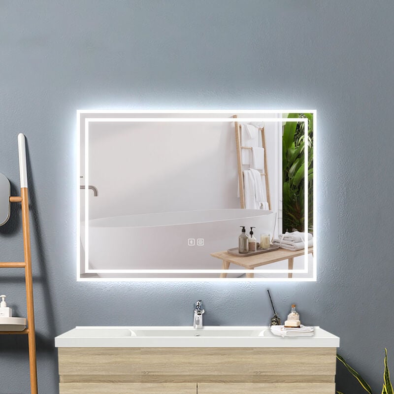 80x60cm miroir lumineux de salle de bain regtanglaire avec Bluetooth et 3 Couleurs - Acezanble