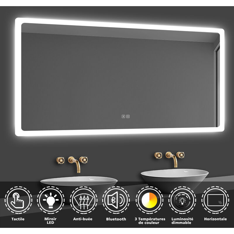 Miroir lumineux de salle de bain regtanglaire avec Bluetooth et 3 Couleurs 120x70cm - Acezanble