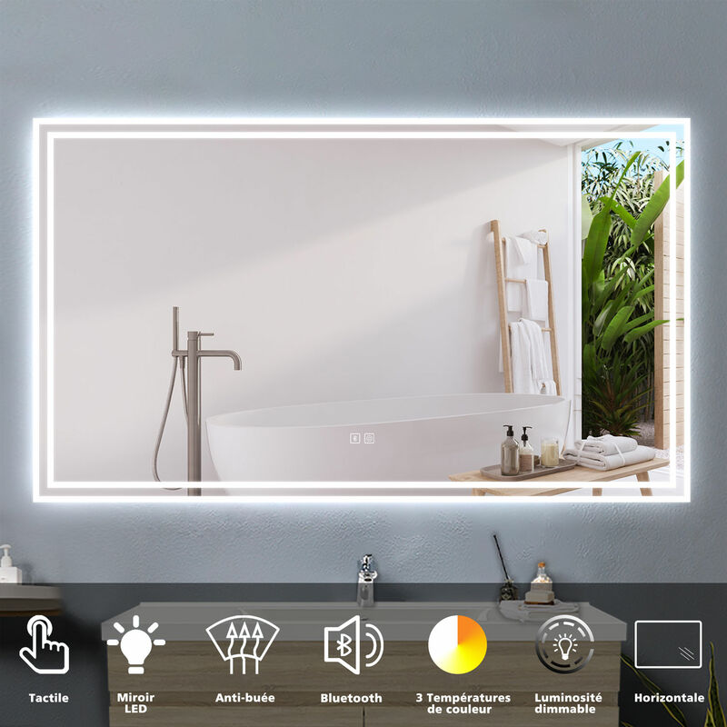 Acezanble - 140x80cm miroir lumineux de salle de bain regtanglaire avec Bluetooth et 3 Couleurs