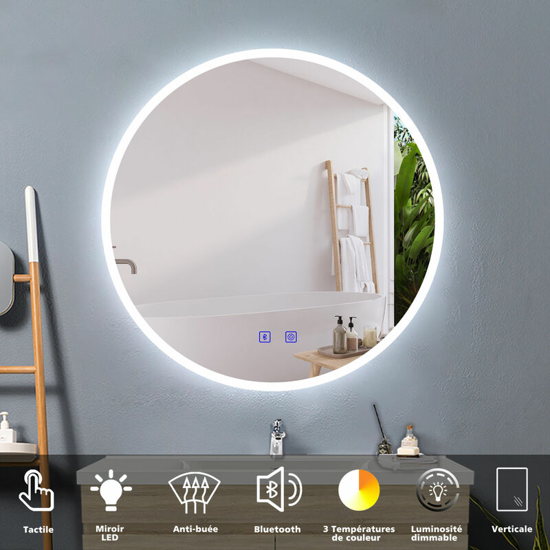 Acezanble - miroir lumineux de salle de bain rond 70cm, miroir anti buée led Bluetooth avec 3 Couleurs