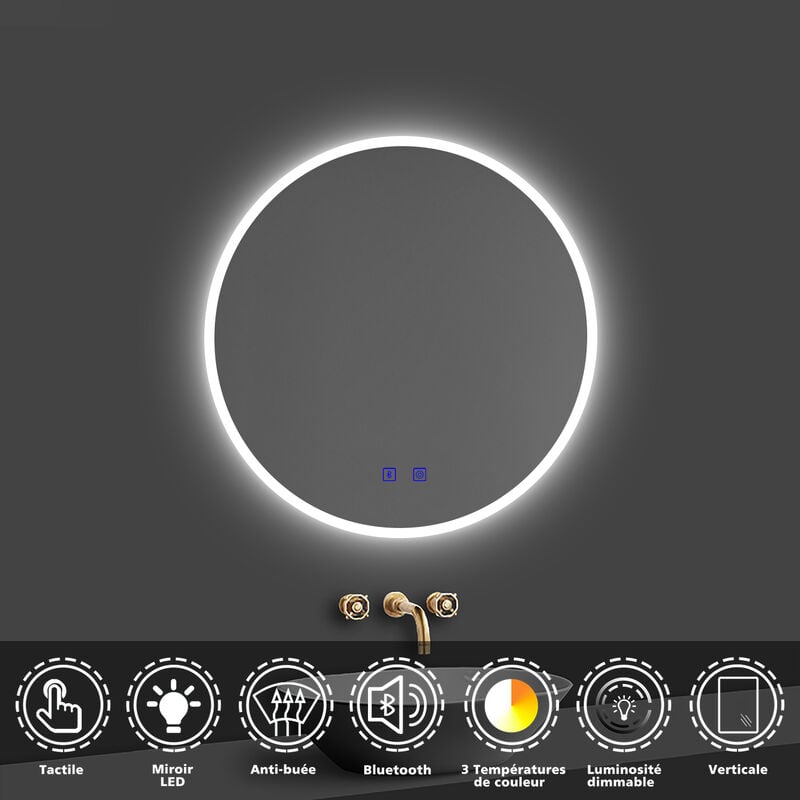Miroir lumineux de salle de bain rond 60cm, miroir anti buée led Bluetooth avec 3 Couleurs - Acezanble