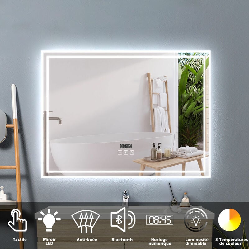 80x60cm miroir lumineux de salle de bain regtanglaire avec Bluetooth, 3 Couleurs et Horloge - Acezanble