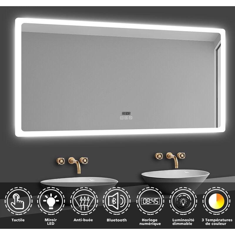 Acezanble - miroir lumineux de salle de bain regtanglaire avec Bluetooth, 3 Couleurs et Horloge 80x60cm