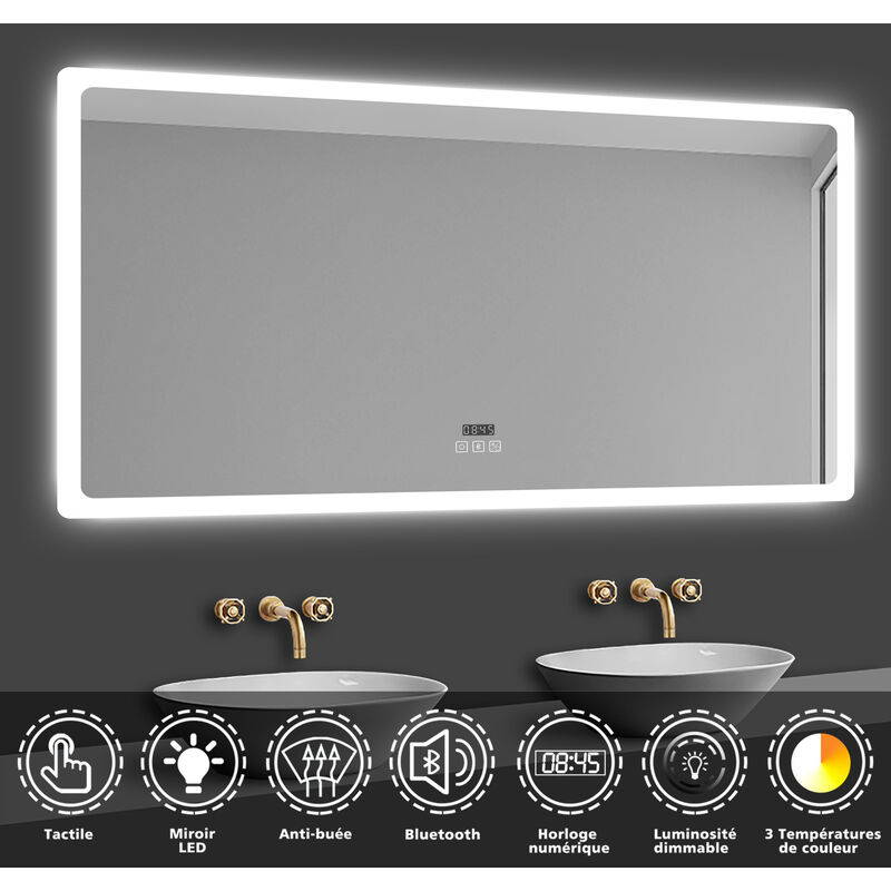 Acezanble - miroir lumineux de salle de bain regtanglaire avec Bluetooth, 3 Couleurs et Horloge 120x70cm